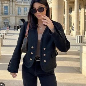 ZARA WOMAN NEW Gold BUTTONED TEXTURED JACKET BLACK Cropped Blazer 4786/045